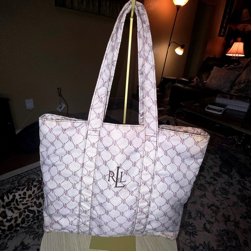 Lauren Ralph Lauren Monogram Tote Bag Cream Burgundy RLL Logo Canvas Shoulder